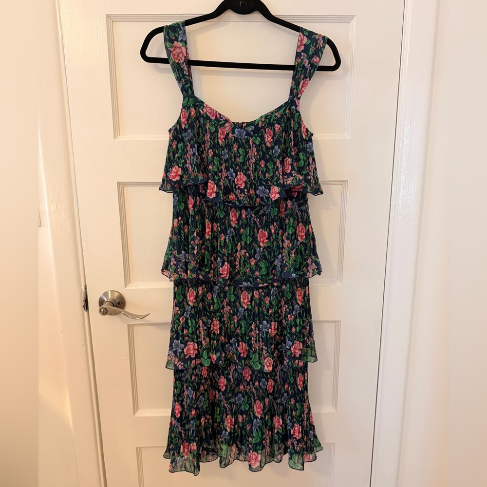 Floral Tiered Ruffle Midi Dress - Navy with Pink & Green Flowers